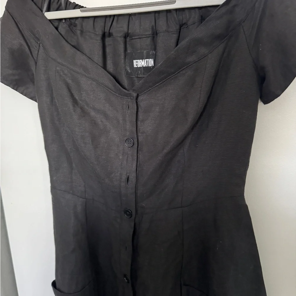 Size 4 Black Button Up Linen Reformation Dress - Picture 2 of 10